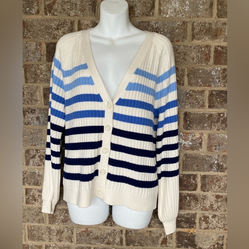 Talbots Medium Ivory Blue Breton Stripe V-Neck Cardigan Sweater Button Front NWT